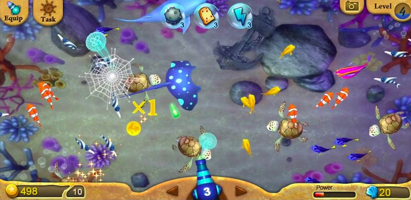 Giao diện bắn cá với nhiều loại súng và mục tiêu sống động.